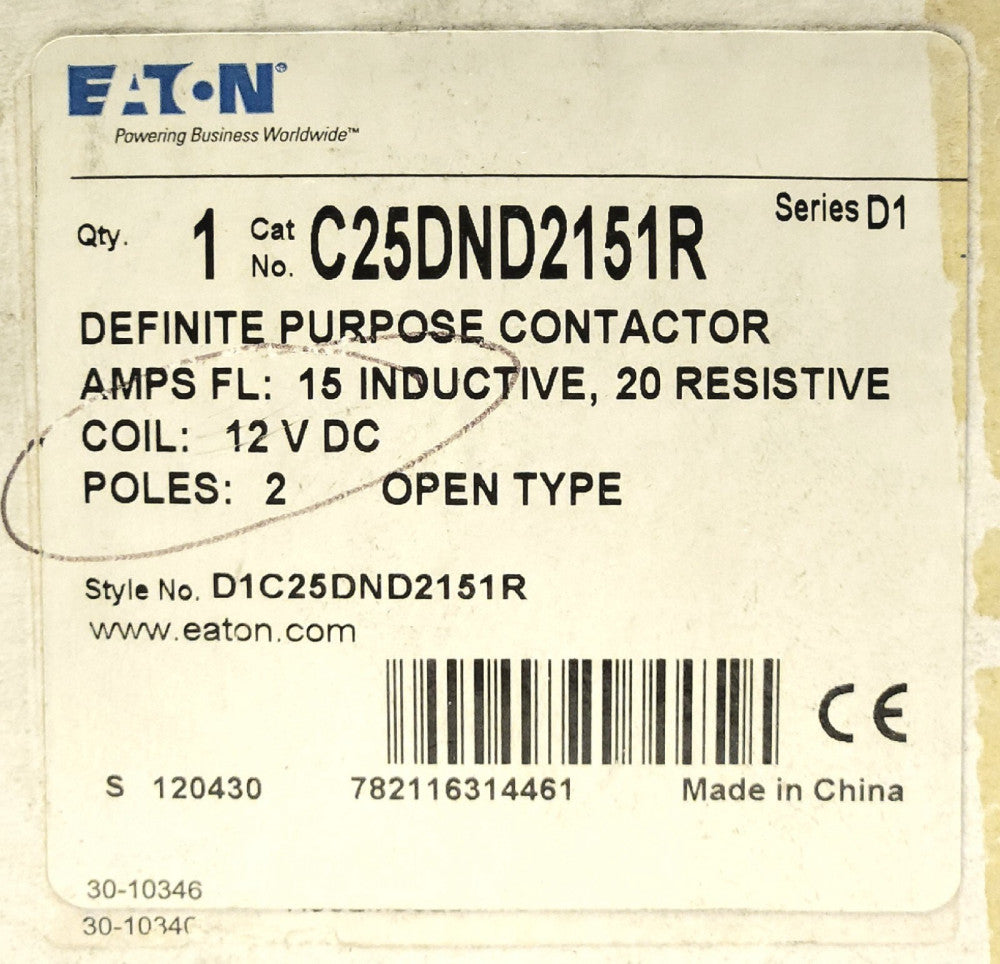 EATON C25DND2151R 2 Pole 15-20 AMP 12 VDC Contactor
