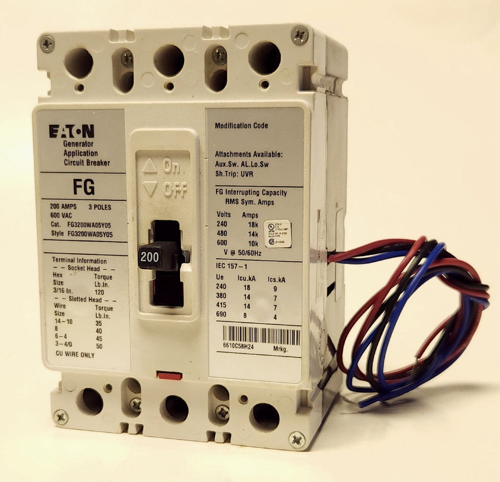EATON FG3200WA05Y05 Type FG3200 3 Pole 200 AMP Generator Breaker 1A 1B AUXILIARY