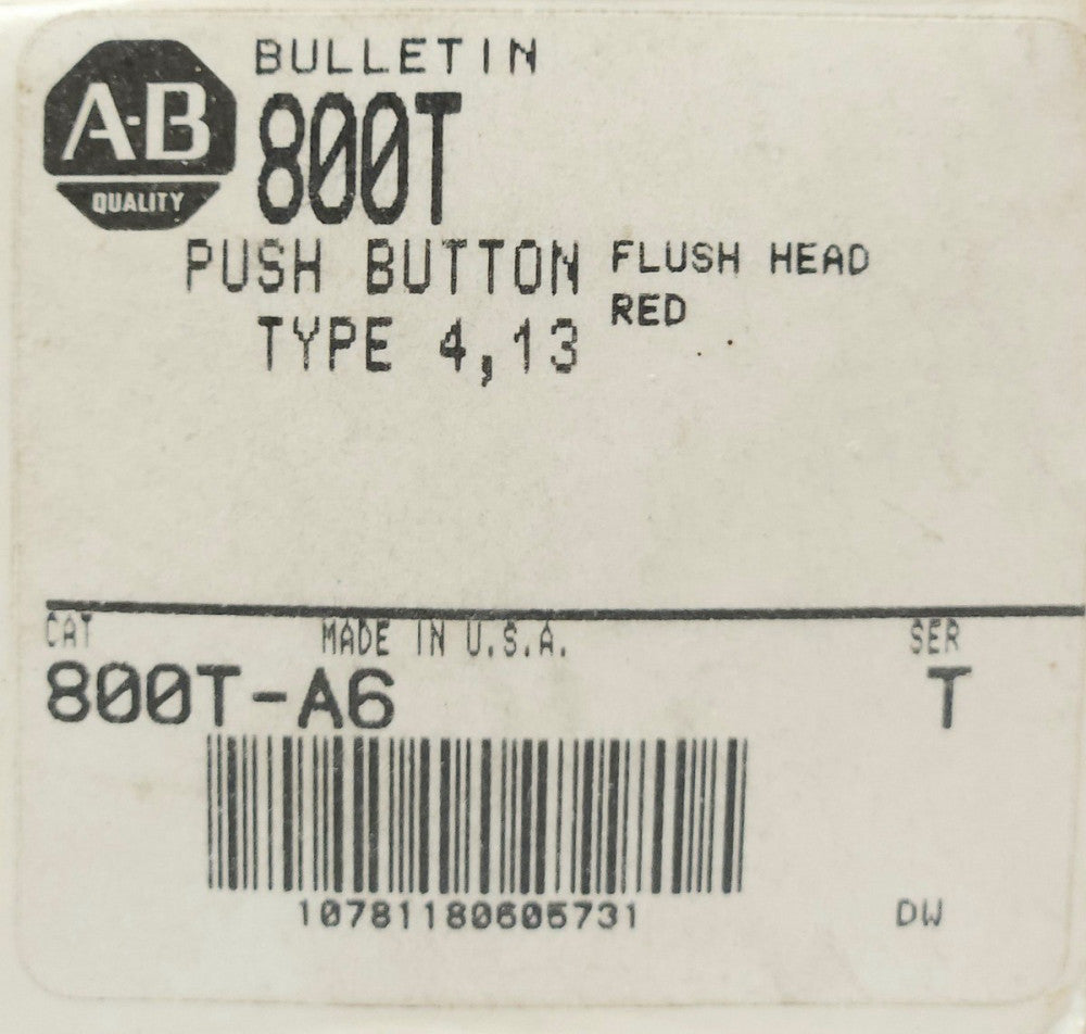 ALLEN BRADLEY 800T A6 Red Flush Head Pushbutton Operator