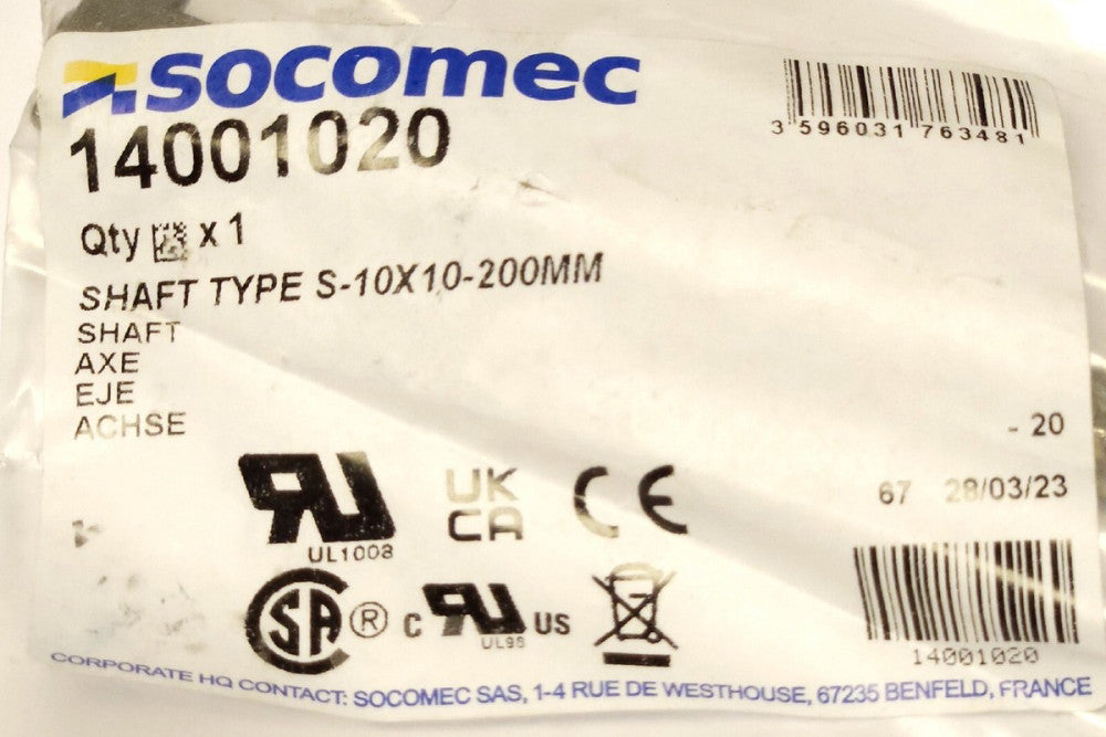 SOCOMEC 14001020 Rotary Shaft Type S-10x10 200MM 8" With Head 6" Shaft Area