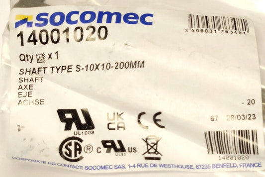 SOCOMEC 14001020 Rotary Shaft Type S-10x10 200MM 8" With Head 6" Shaft Area