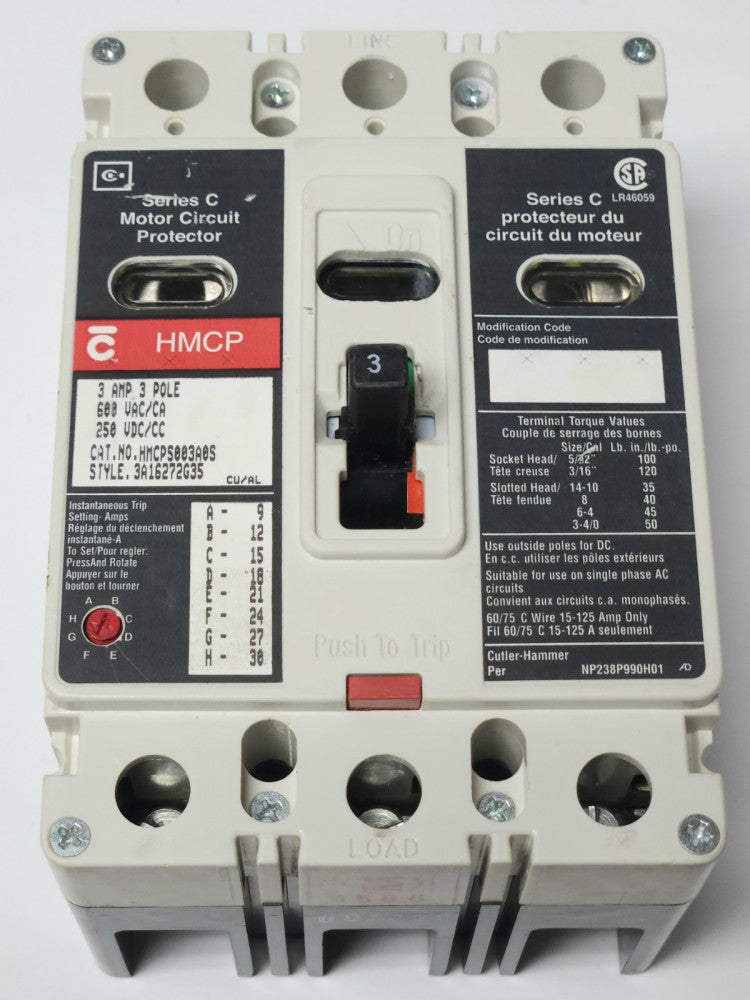 EATON CUTLER HAMMER HMCPS003A0S 3 Pole 3 AMP Visa View HMCP Motor Circuit Prote