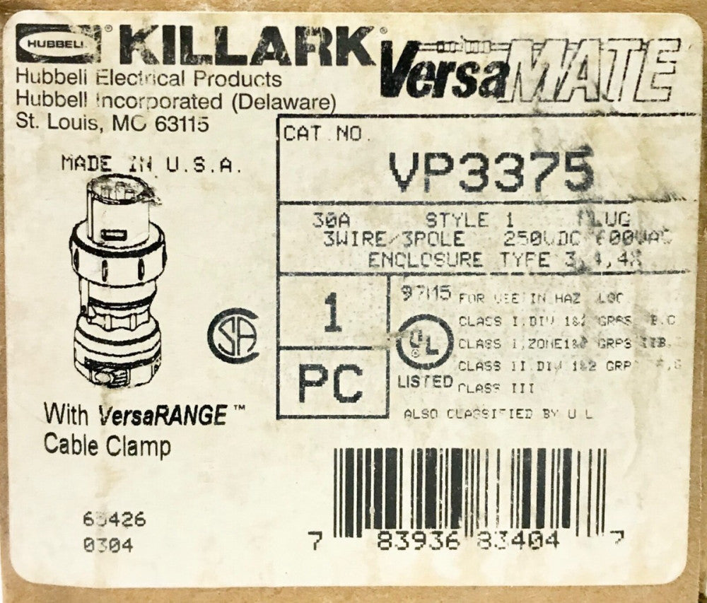 HUBBELL KILLARK VP3375 3 Wire 3Pole 30 AMP Versa Mate Plug 250 VDC 600 VAC