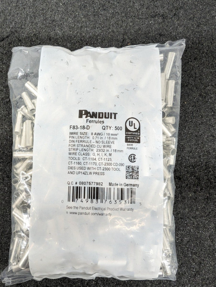New, Panduit, F83-18-D, CONN FERRULE DIN 8AWG - Lot of 500pcs