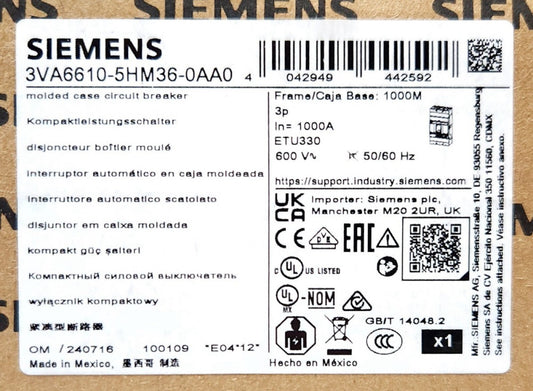 SIEMENS 3VA6610 5HM36 0AA0 3 Pole 1000 AMP 3VA6 MMNAE Frame 1000M NAVAL
