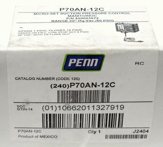 PENN P70AN 12C MANITOWOC Pressure Control Switch 550003572 Range 20" 50 PSIG