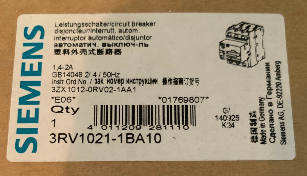 SIEMENS 3RV1021 1BP10 1.4-2 AMP Motor Circuit Breaker Protector