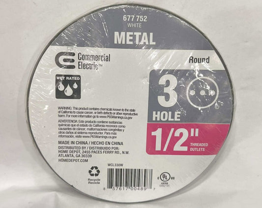 COMMERCIAL ELECTRIC 677 752 White Metal Round 3 Hole 1/2" Thread Outlets WCL330W