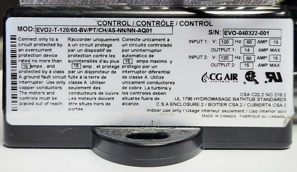CG AIR EV02 T 120/60 BV PT CH AS NN NN AQ01 Hydromasage Bathtub Control Module