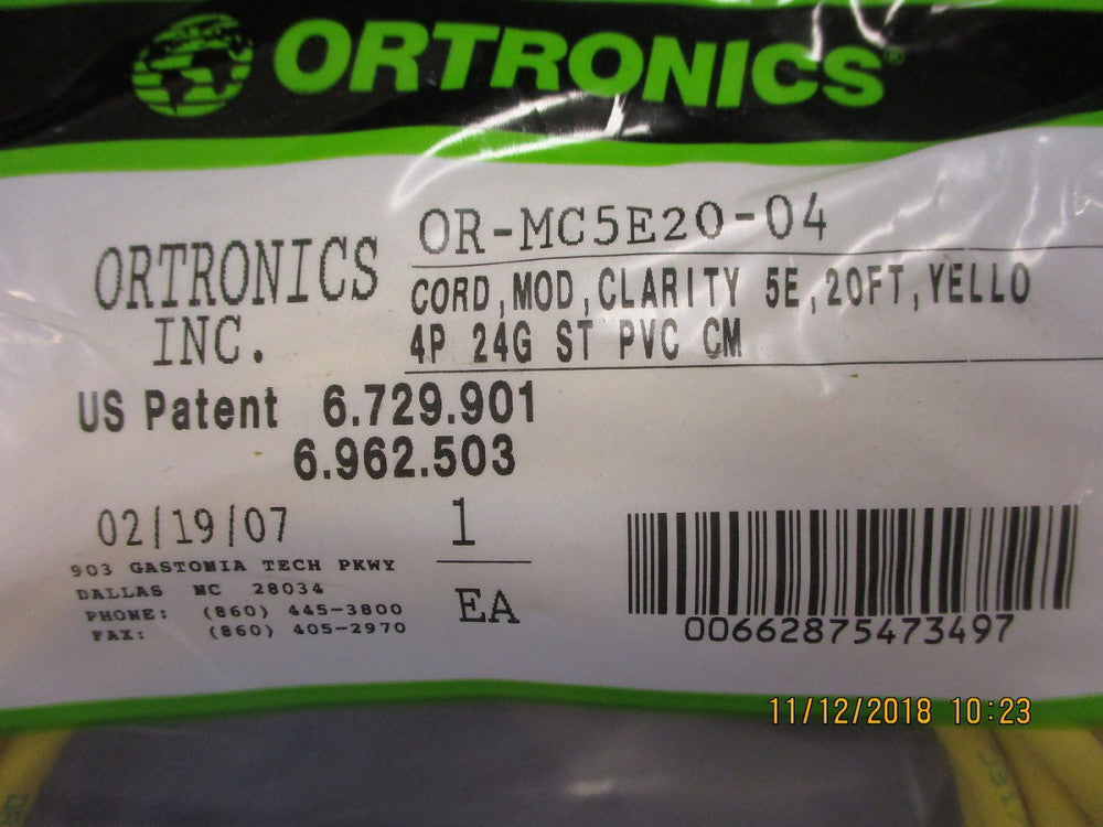 OR-MC5E20-04 Ortronics Clarity 5E�Modular Patch Cord, 20', yellow BRAND NEW!