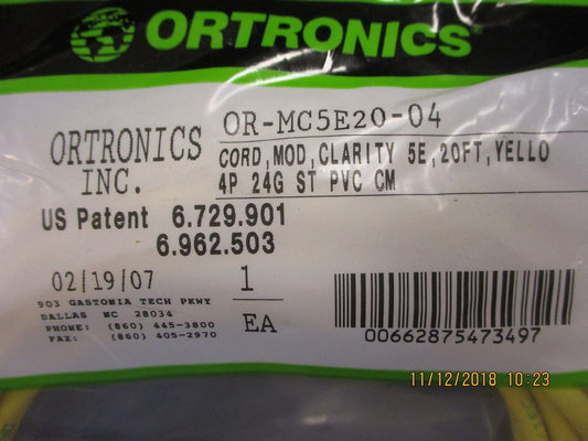 OR-MC5E20-04 Ortronics Clarity 5E�Modular Patch Cord, 20', yellow BRAND NEW!