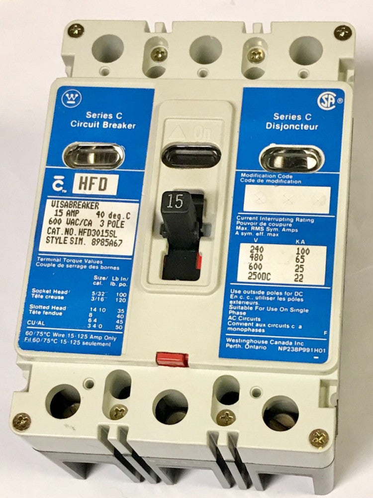 WESTINGHOUSE CUTLER HAMMER HFD3015SL 3 Pole 15 AMP Type HFD Visa View 