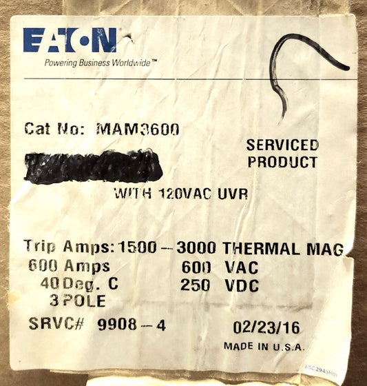 EATON CUTLER HAMMER MAM3600 3 Pole 600 AMP Type MAM MINING Circuit Breaker 120