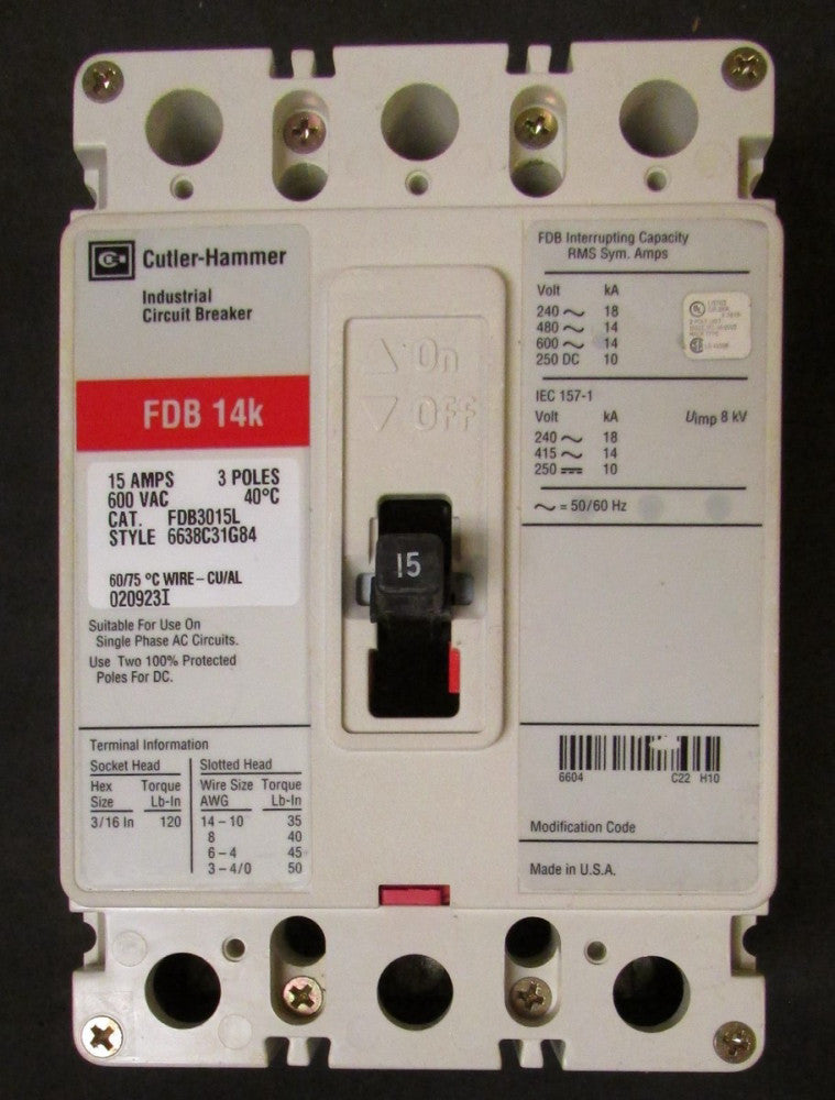 EATON CUTLER HAMMER FDB3015L FDB Circuit Breaker 15 Amps 3 Pole Line Load Lugs 