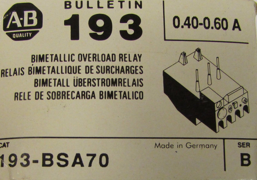 ALLEN BRADLEY 193 BSA70 .40-.60 Amp Bimetallic Overload Relay