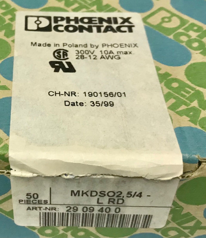 BOX OF 50 PHOENIX CONTACT MKDSO 2.5 4-L RD 29 09 40 0 4 SCREW Terminal Block