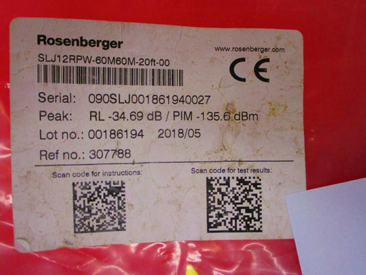 ROSENBERGER - SLJ12RPW-60M60M-20FT-00 - Superflex Assembly 1/pkg 20Ft Cable
