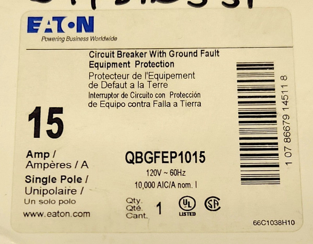EATON QBGFEP1015 Single Pole 15 AMP QBFEP Ground Fault Circuit Breaker Equipment