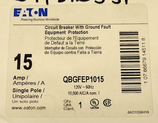 EATON QBGFEP1015 Single Pole 15 AMP QBFEP Ground Fault Circuit Breaker Equipment
