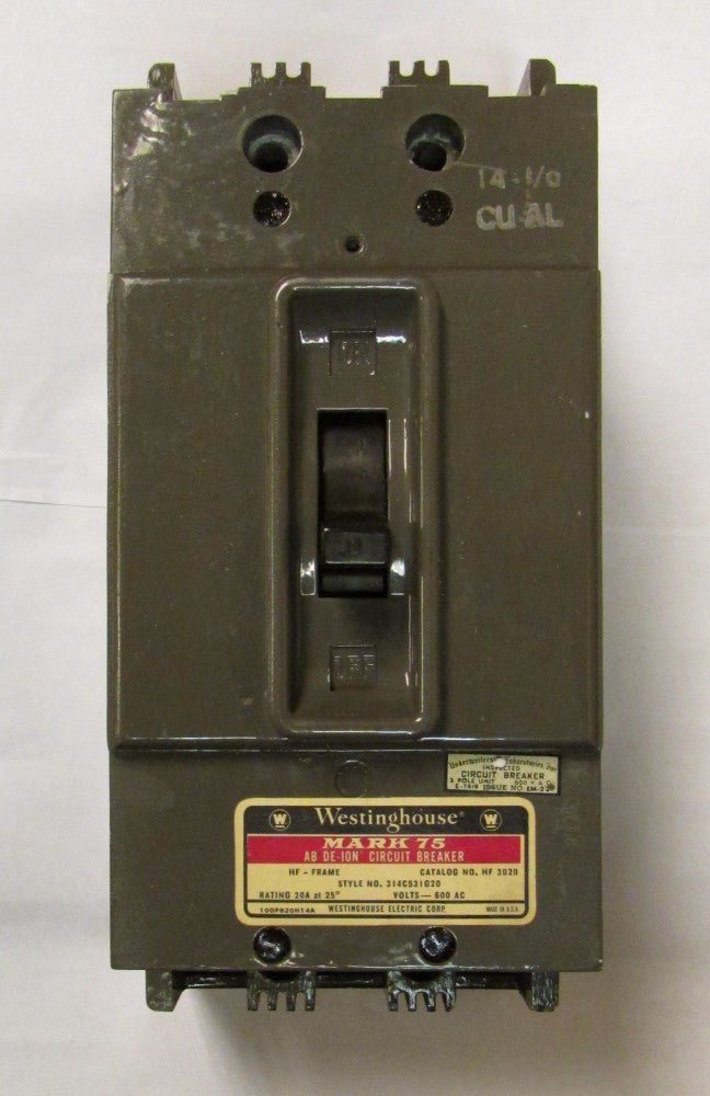WESTINGHOUSE HF3020 Type HF Frame Circuit Breaker 3 Pole 20 Amp 314C531G20