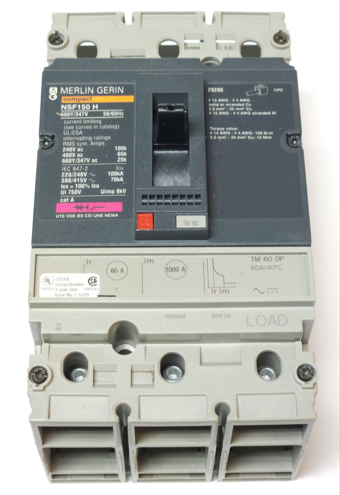 MERLIN GERIN MSF150H 3 Pole 60 AMP 600Y 347V Circuit Breaker TM 60 DP NSF150 H