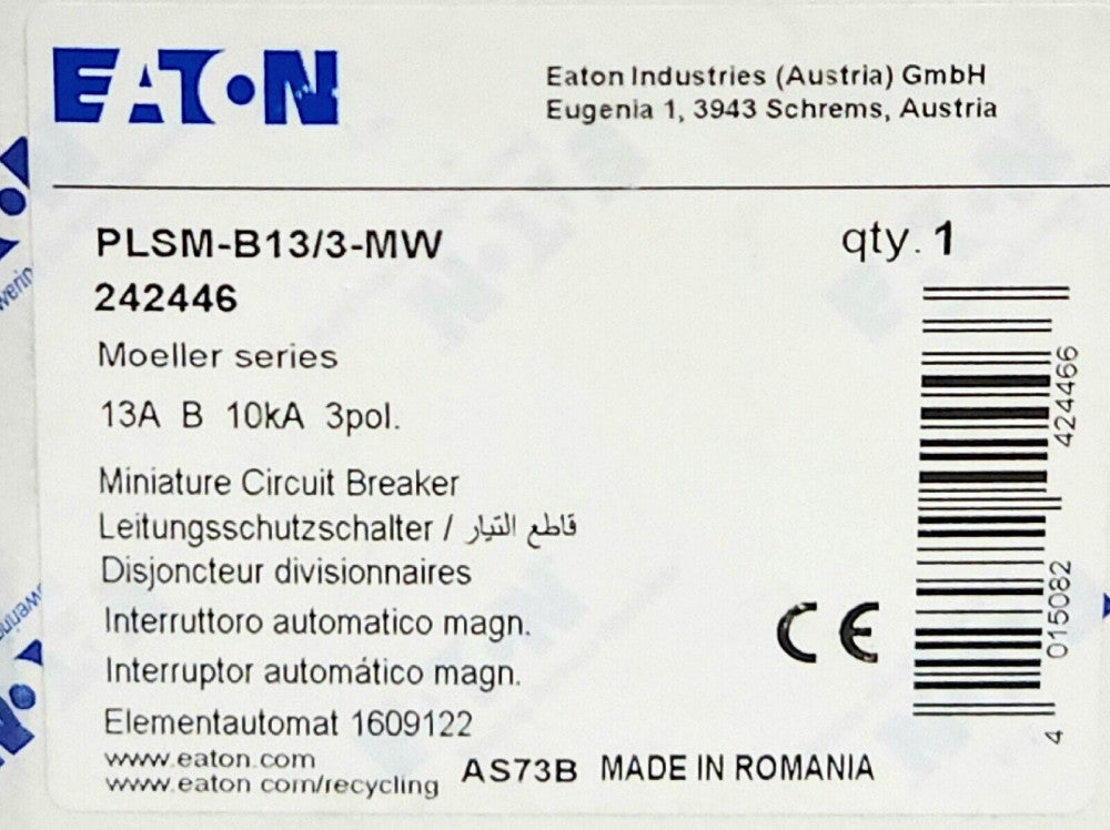 EATON MOELLER PLSM-B13/3-MW 3 Pole 13 AMP Miniature Circuit Breaker