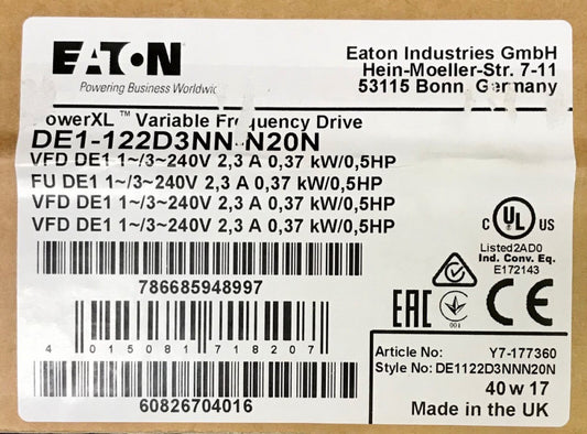 EATON DE1 122D3NN N20N Power XL Variable Frequency Drive .5HP 240 VAC VFD