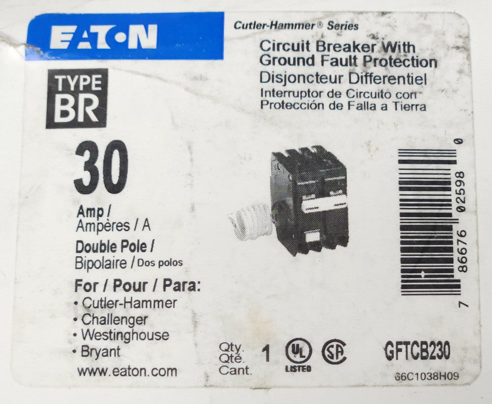 EATON CUTLER HAMMER GFTCB230 2 Pole 30 AMP Type BR Ground Fault Circuit Breaker