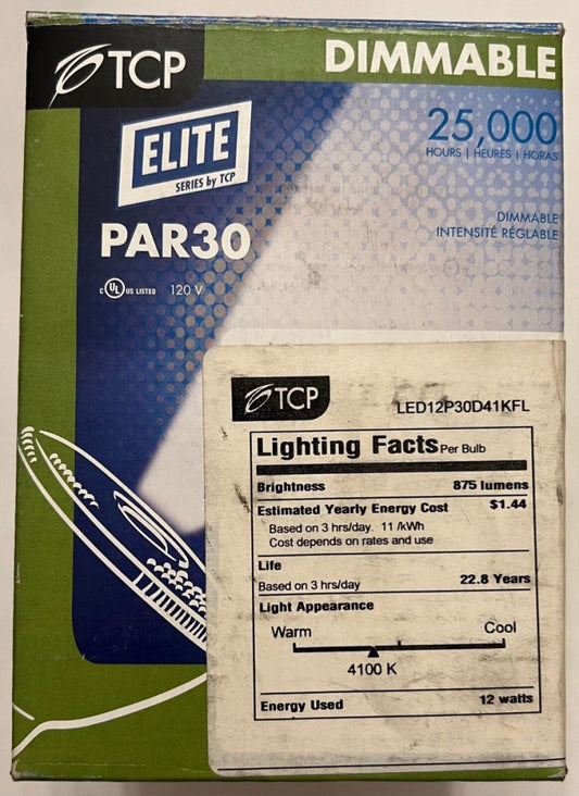 TCP ELITE PAR30 Model LED12P30D Dimmable Bulb LED12P30D41KFL