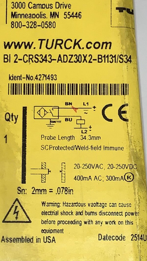 TURCK BI 2 CRS343 ADZ30X2 B1131 S34 Probe Head Proximity Sensor 34.3mm 20-250 