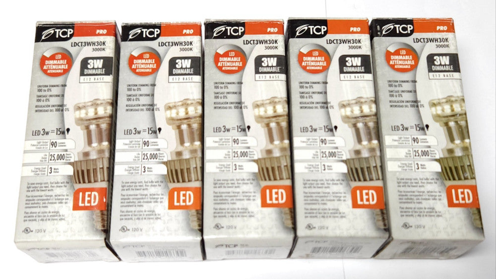 LOT OF 5 TCP LDCT3WH30K DIMMABLE LED E12 Base 3 Watt 61Y6 LAMP BULB 120 VAC