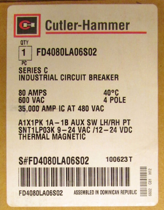 CUTLER HAMMER FD4080LA06S02 FD Circuit Breaker 9-24V Shunt 1A 1B Auxiliary 