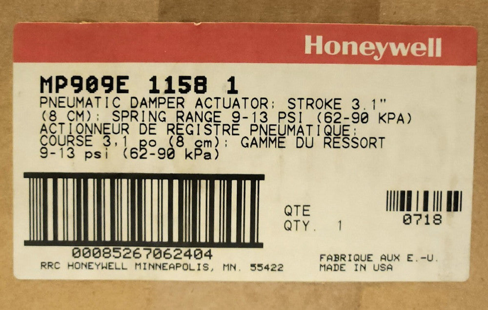 HONEYWELL MP909E 1158 1 0718 Pneumatic Damper Actuator 9-13 PSI 29 PSI MAX 200