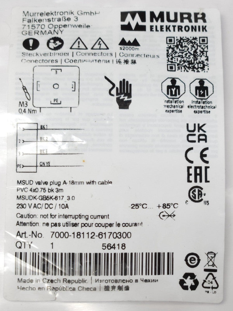 MURR ELEKTRONIK MSUDK GB5K 617 3.0 230 VAC VDC MSUD Valve Plug Cable 7000 18112
