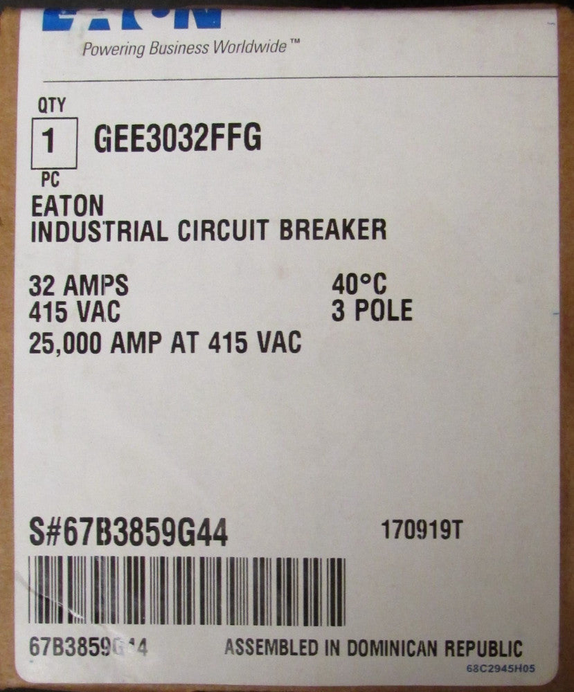 EATON CUTLER HAMMER GEE3032FFG Type GEE Circuit Breaker 3 Pole 32 Amp 415 VAC