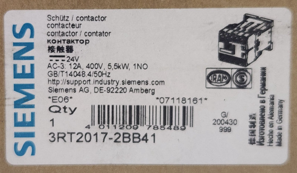 SIEMENS 3RT2017 2BB41 SIRIUS SCHUTZ  400 VAC 5.5KW 12 AMP Contactor 1 NO
