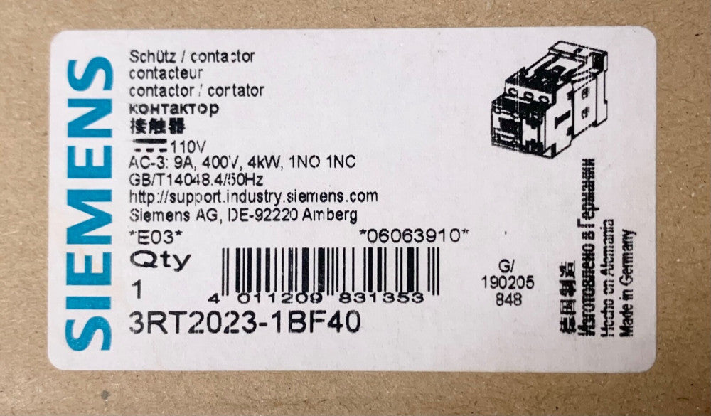 SIEMENS 3RT2023-1BF40 9 AMP 400 VAC SIRIUS Contactor 1 NO 1 NC 110 VAC Coil