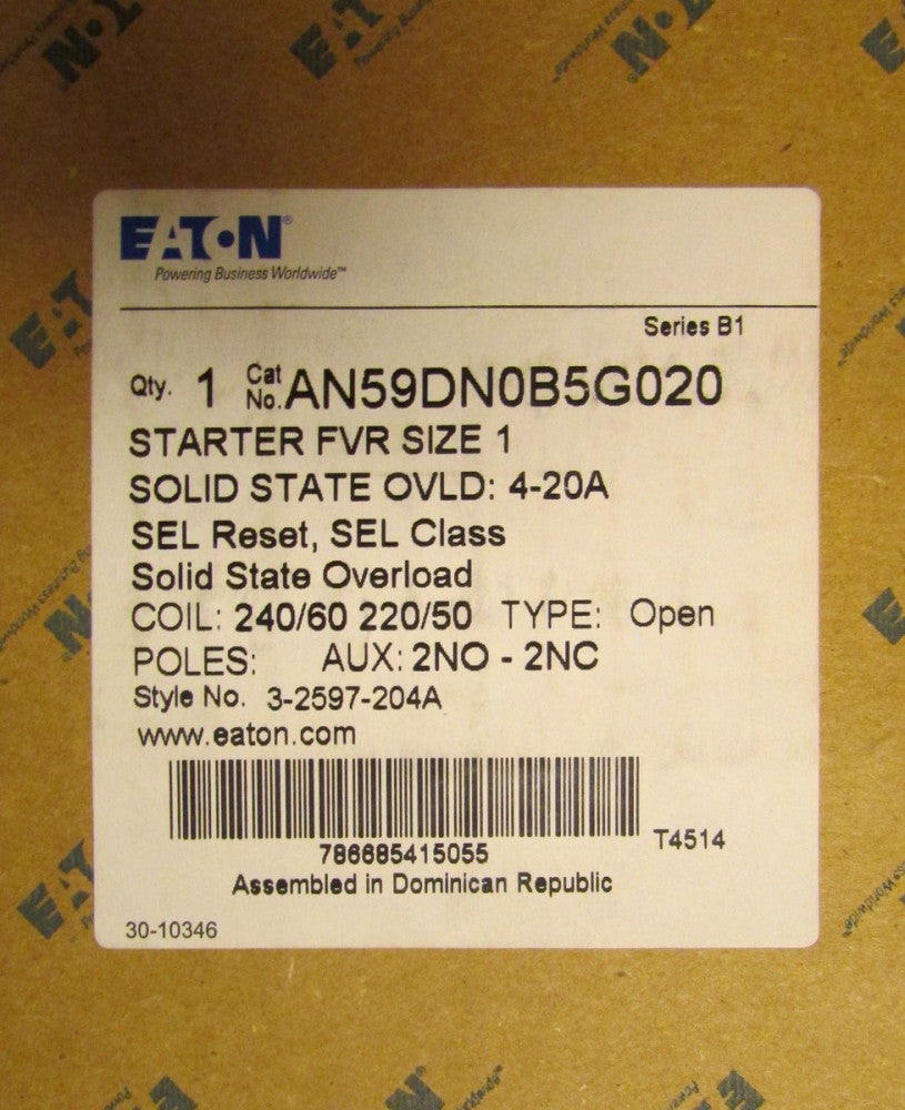 EATON CUTLER HAMMER Size 1 Reversing Starter 4-20 Amp Overload AN59DN0B5G020