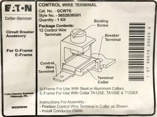 EATON CUTLER HAMMER GCWTK E&G Frame Circuit Breaker Terminal Kit 5652B38G01