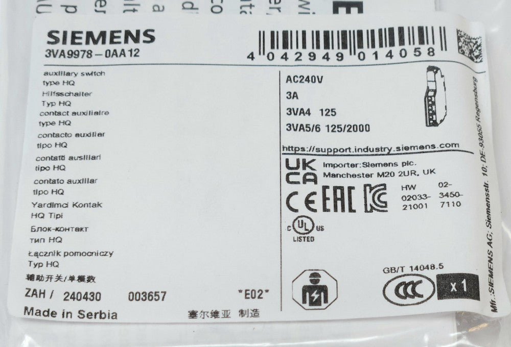 SIEMENS 3VA9978 0AA12 Auxiliary Switch Type HQ Breaker 3 AMP 240 VAC 3VA4 3VA5
