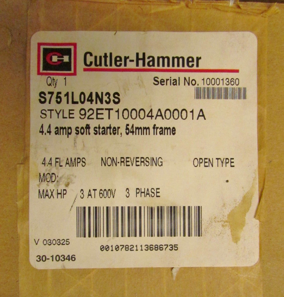 CUTLER HAMMER 54MM Soft Starter 4.4 Amp 3 HP S751L04N3S