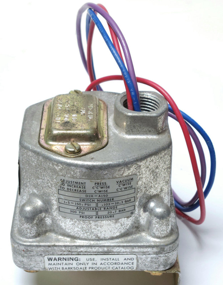 BARKSDALE CONTROLS D1H A150 Vacuum Actuated Pressure Switch 1.5-150 PSI Adjustab