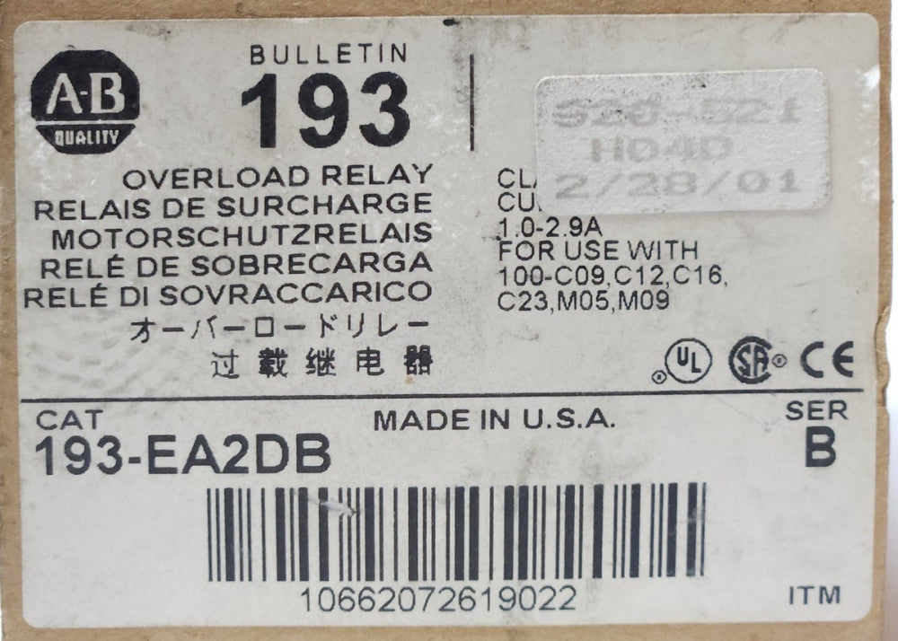 ALLEN BRADLEY 193 EA2DB 1.0-2.9 AMP E1 PLUS Electronic Overload Relay Type EA