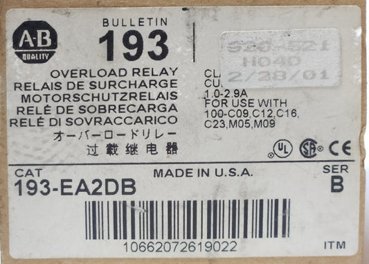 ALLEN BRADLEY 193 EA2DB 1.0-2.9 AMP E1 PLUS Electronic Overload Relay Type EA