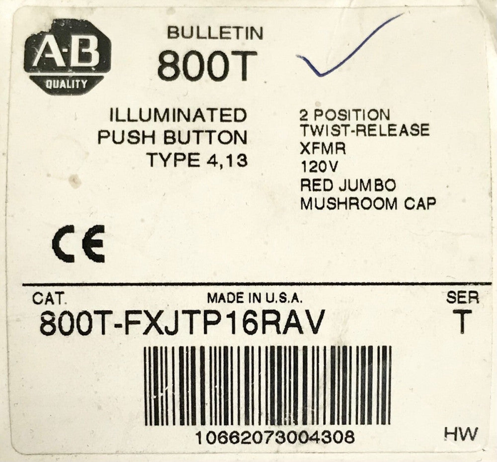ALLEN BRADLEY 800T FXJTP16RAV 2 Position Twist Release Red Illuminated 120 VAC 