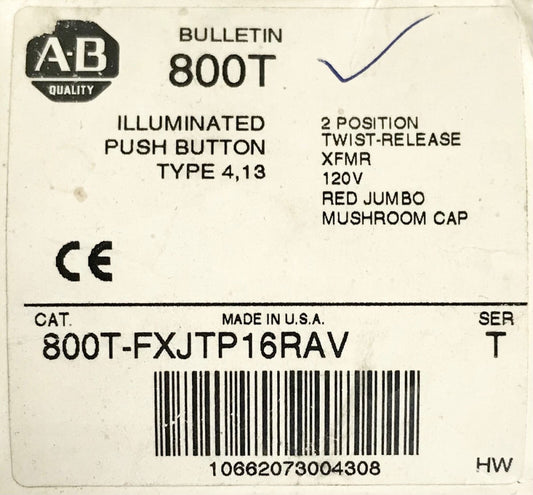 ALLEN BRADLEY 800T FXJTP16RAV 2 Position Twist Release Red Illuminated 120 VAC 