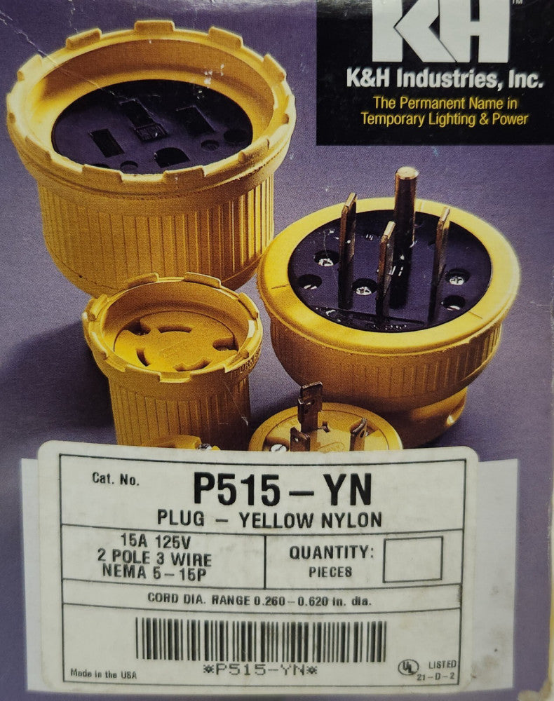 K&H RONDALE P515 YN Yellow Nylon 15 AMP 125 VAC PLUG Straight Nema 5 15P
