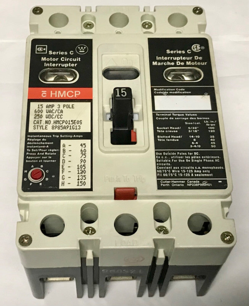 CUTLER HAMMER WESTINGHOUSE HMCP015E0S 15 AMP HMCP Visa View Motor Circuit 