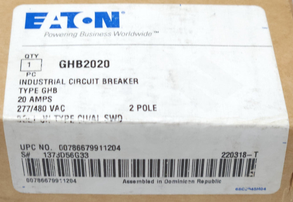 EATON CUTLER HAMMER GHB2020 2 Pole 20 AMP Type GHB Circuit Breaker