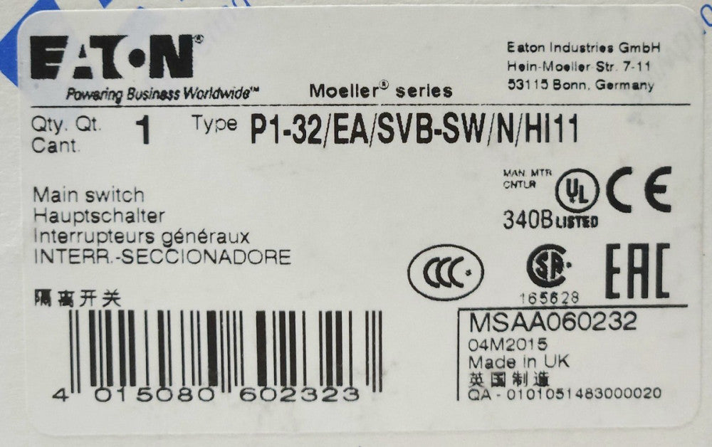EATON MOELLER P1-32 EA SVB-SW N HI11 BLACK Rotary Disconnect Isolation Main Swit